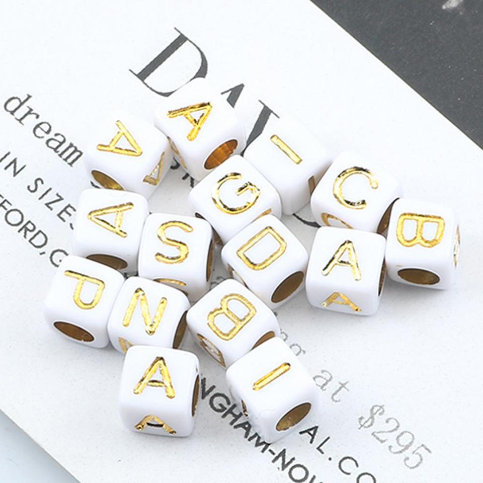 100pcs White Cube Acrylic Alphabet Bead Loose Spacer Gold Plated 26 letter  Beads For Jewelry Making Diy Children Bracelet 6X6MM - AliExpress